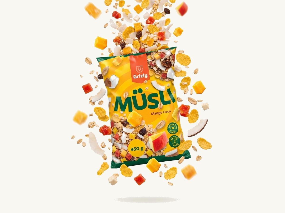fallende Mango- und Kokosstücke