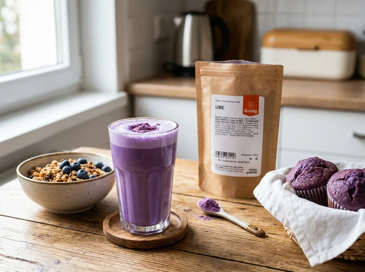Ube latte auf dem Tisch