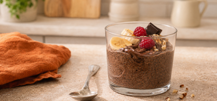 Schokoladen-Chia-Pudding mit Banane, Himbeeren, Nüssen und Schokolade.