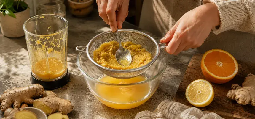 Abseihen des hausgemachten Ginger shot aus Ingwer und Zitrusfrüchten