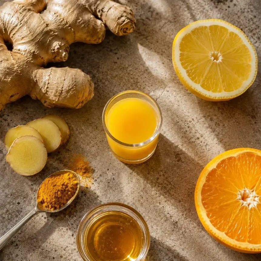 Ginger shot mit Ingwer, Zitrusfrüchten, Kurkuma und Honig