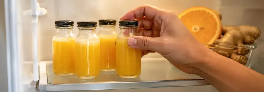 Hausgemachte Ginger Shots, vorbereitet in kleinen Fläschchen im Kühlschrank