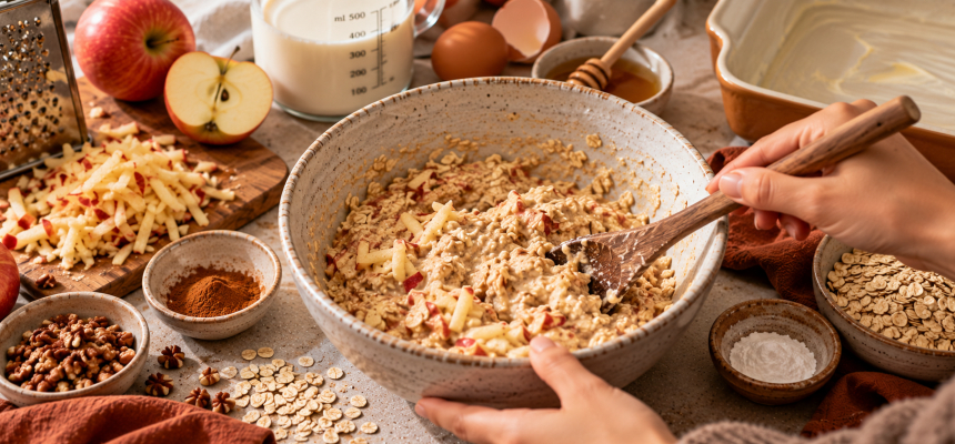 Zubereitung der Mischung für Baked Oatmeal mit Äpfeln und Zimt