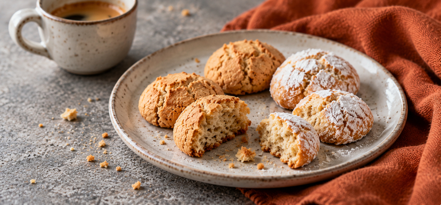 Zarte und weiche Amaretti auf einem Keramikteller neben einer Tasse Kaffee