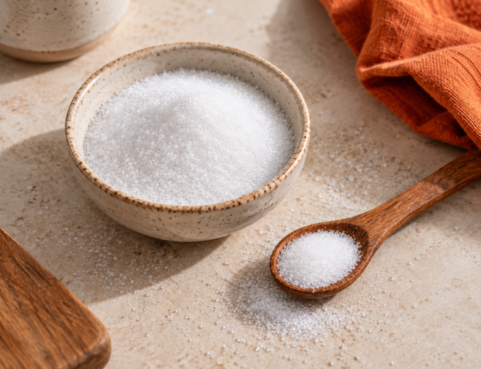 Erythritol in einer Keramikschale und auf einem Holzlöffel