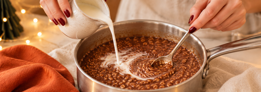 Frauenhände gießen Milch in das Porridge und rühren es mit einem Löffel um.