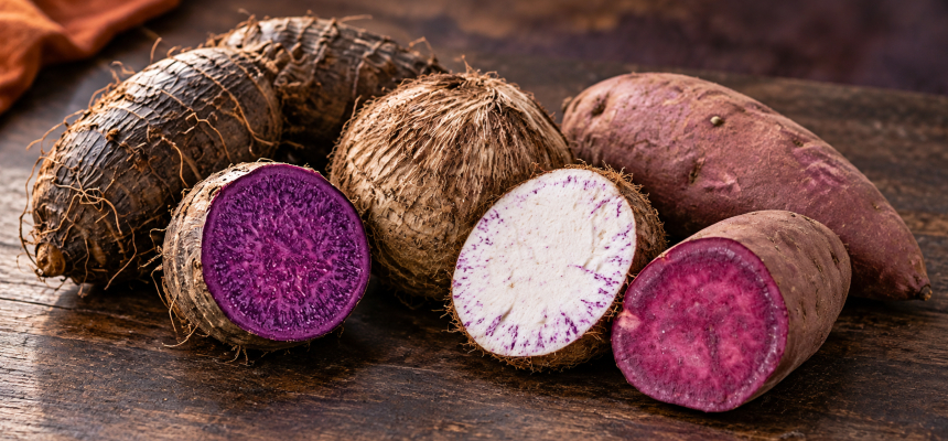 Vergleich von Ube, Taro und lila Süßkartoffeln