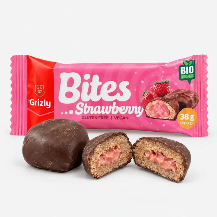 BITES Gefüllte Erdbeer-Miniriegel in Zartbitterschokolade BIO (2x19 g)