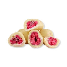 Gefriergetrocknete Himbeeren in weißer Schokolade und Joghurt