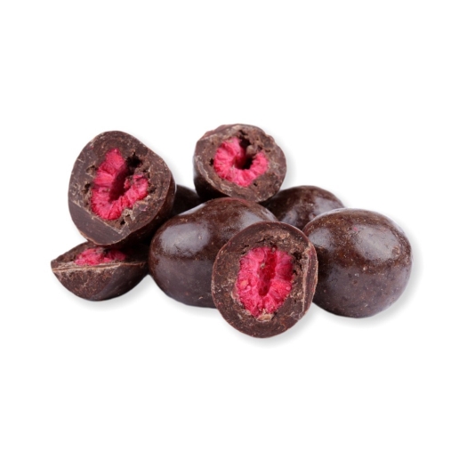 Gefriergetrocknete Himbeeren in Zartbitterschokolade