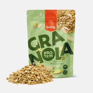 Granola mit Protein, Pistazien und weiße Dattelschoko