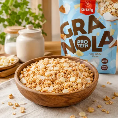 Granola mit Protein, weißer Schokolade und Kokos