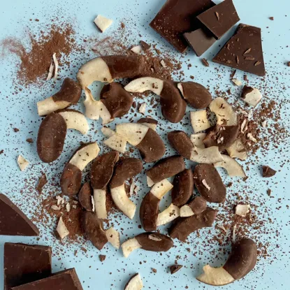 Kokos in Zartbitterschokolade teilüberzogen