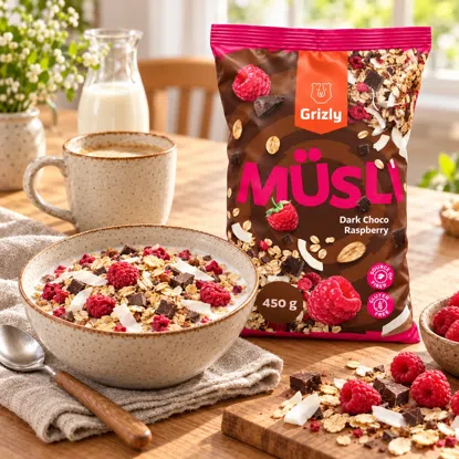 Ungebackenes Müsli mit Zartbitterschokolade & Himbeere