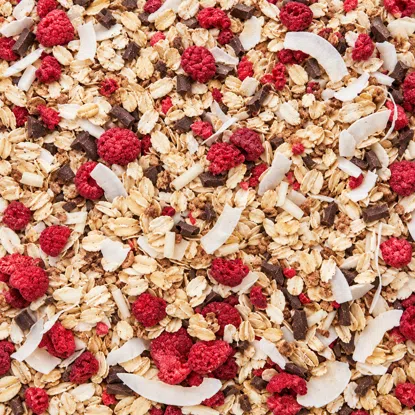 Ungebackenes Müsli mit Zartbitterschokolade & Himbeere